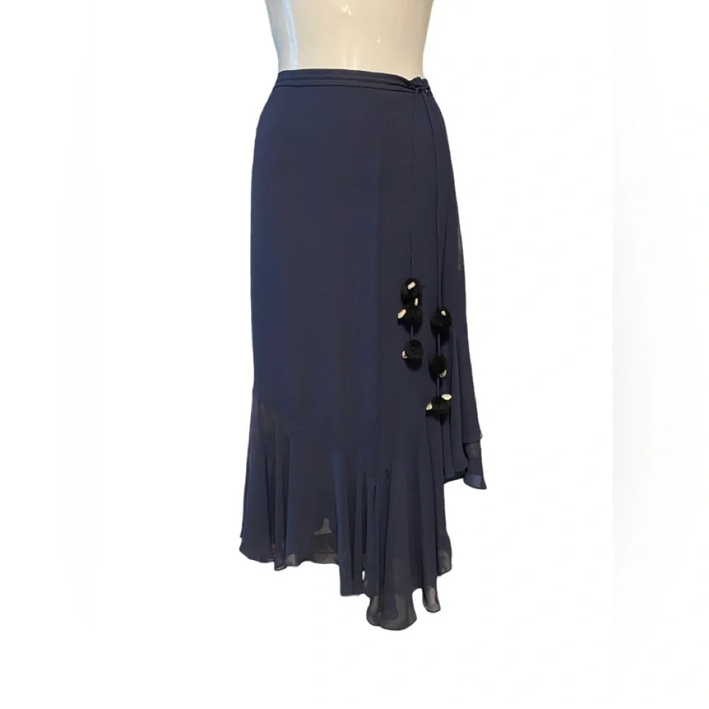 Valentino Silk Midi Skirt Navy Blue Pom Pom Seashell Tie Waist
